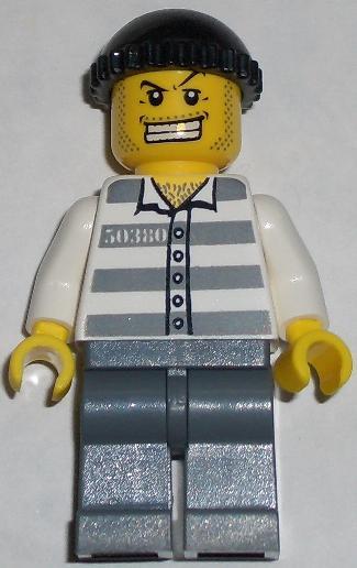 LEGO Minifigure-Police - Jail Prisoner 50380 Prison Stripes, Dark Bluish Gray Legs, Black Knit Cap, Gold Tooth-Town / City / Police-CTY007-Creative Brick Builders